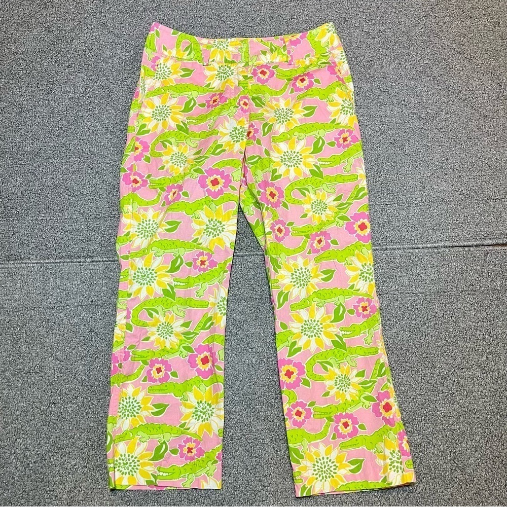 Lilly Pulitzer Alligator Floral Cropped Pants Womens Size 0 Pink Green
